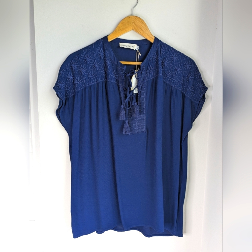 Johnny Was Calmé NWT Blue Knit Embroidered Top Double Tassel Front Size XS
